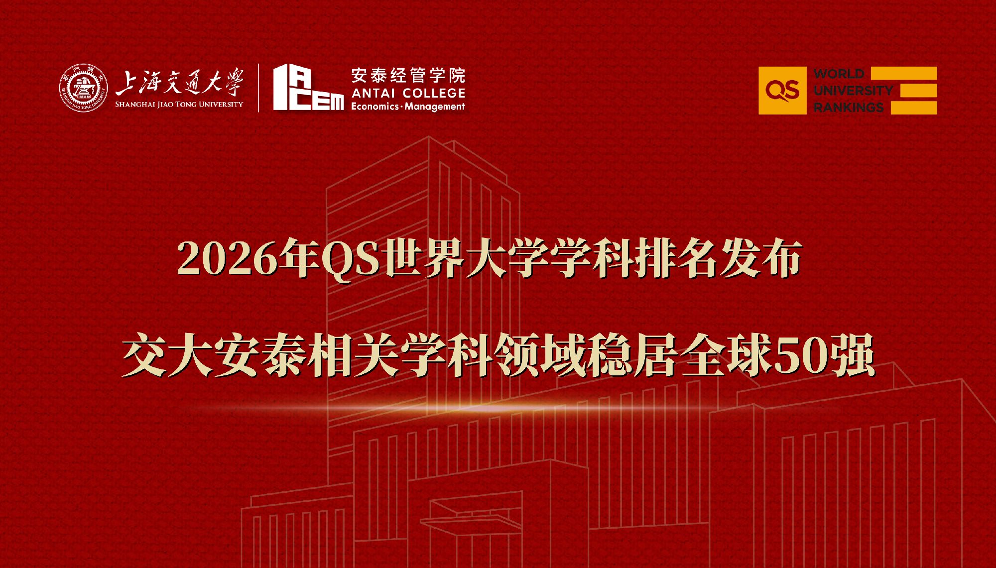 2026年QS世界大学学科排名发布交大安泰相关学科领域稳居全球50强